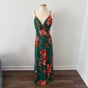 Lulus Floral Flirtation Dark Green Floral Print Wrap Maxi Dress - Size M